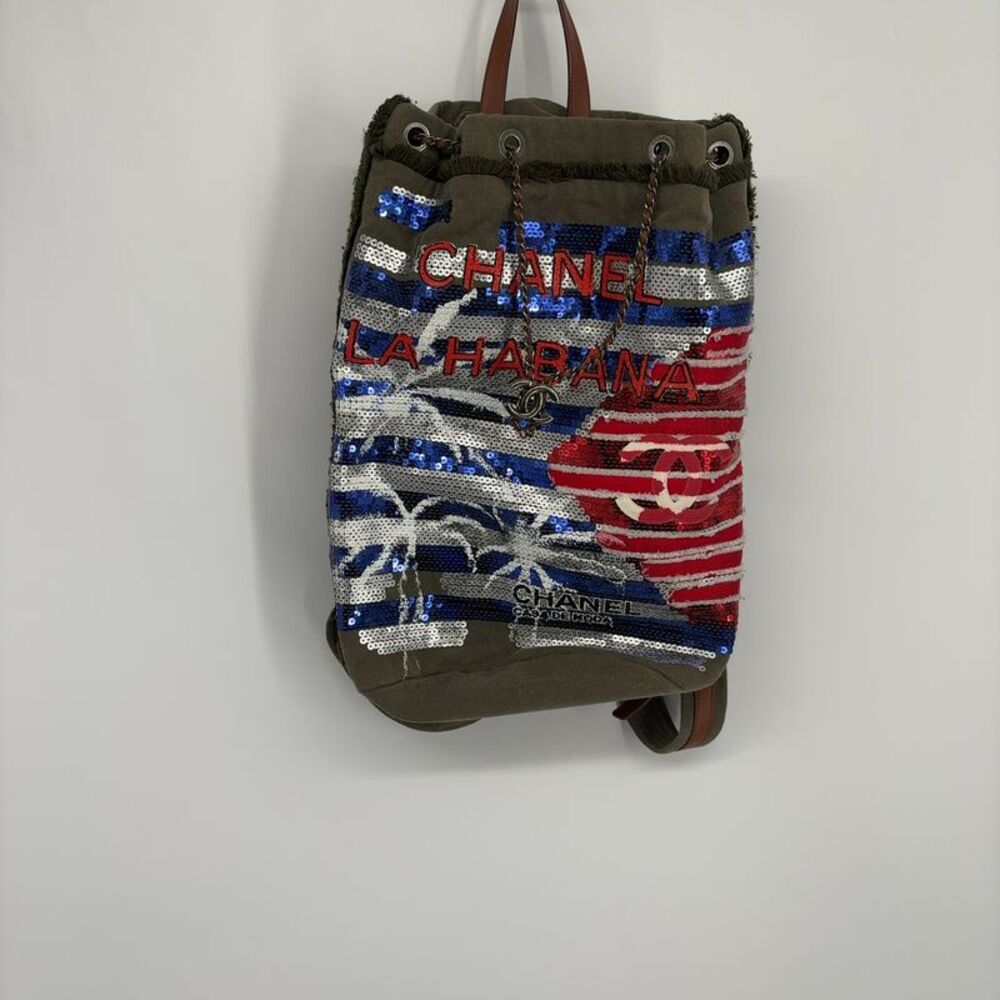 CHANEL Sequined Drawstring Backpack in Red, Blue, White